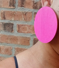Load image into Gallery viewer, Handmade handpainted large wooden disc minimalist Earrings pierced ears 3 inch pink color