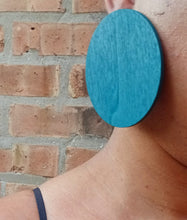 Load image into Gallery viewer, Handmade handpainted large wooden disc minimalist Earrings pierced ears 3 inch dark teal color