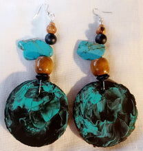 Load image into Gallery viewer, Large Handmade handpainted Natural Wood and Genuine Turquoise Design Earrings pierced ears