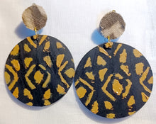 Load image into Gallery viewer, Clip On handmade handpainted wood and authentic Mudcloth Design large Earrings