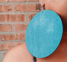 Load image into Gallery viewer, Giant handpainted Wooden Disc Earrings gold 6 inch dark teal