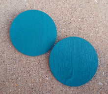 Load image into Gallery viewer, Handmade handpainted large wooden disc minimalist Earrings pierced ears 3 inch dark teal color