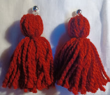 Load image into Gallery viewer, Clip on Extra Large Handmade Yarn Tassel Earrings dark red