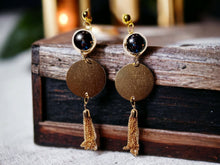 Load image into Gallery viewer, Handmade handpainted extra large gold ball wood and chain Clip On Earrings 5 in