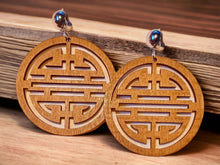 Load image into Gallery viewer, Natural Wood Shou Symbol Clip On Dangle Earrings