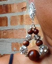Load image into Gallery viewer, Handmade Glam Wood bead and Rhinestone Hoop Clip On Earrings