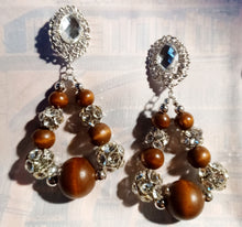 Load image into Gallery viewer, Handmade Glam Wood bead and Rhinestone Hoop Clip On Earrings