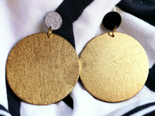 Load image into Gallery viewer, Handmade extra large Abstract Pop Art wood Statement Clip on Earrings black and gold