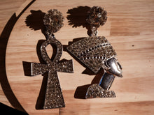 Load image into Gallery viewer, Handmade Egyptian Ankh and Queen Nefertiti Rhinestone Modern Assymetric Earrings silver