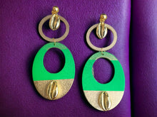 Load image into Gallery viewer, Handpainted Wood & Cowrie Shell Clip On Earrings - Boho