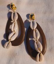 Load image into Gallery viewer, Handmade Clip On Wood and Cowrie Shell Earrings