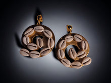 Load image into Gallery viewer, Handmade Abstract large wood and cowrie shell Clip On Earrings 3.5 inch