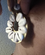 Load image into Gallery viewer, Handmade Cowrie Shell and wood Hoop Clip On Earrings