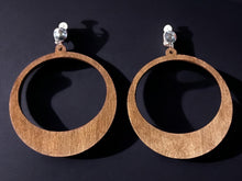 Load image into Gallery viewer, Extra large Classic wooden Hoop Clip On Earrings 3.5 inch dark brown