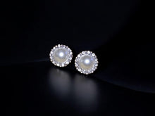 Load image into Gallery viewer, Rhinestone Faux Pearl Clip On Earrings, Silver Medallion Studs