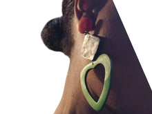 Load image into Gallery viewer, Hand carved Clip On wooden Heart Dangle Earrings 5 inch