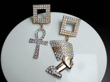 Load image into Gallery viewer, Handmade Egyptian Ankh and Queen Nefertiti Rhinestone Modern Assymetric Earrings