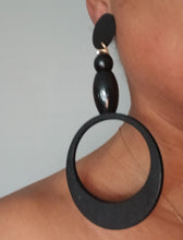 Load image into Gallery viewer, Handmade Chunky Wooden Hoop Clip On Earrings black 5 inch