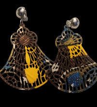 Load image into Gallery viewer, Natural Wood and fabric Boho Clip On Dangle Earrings