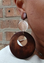 Load image into Gallery viewer, Handmade Chunky Wood and abalone Hoop Clip On Earrings