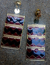 Load image into Gallery viewer, Abstract large gold and burgundy enamel dangle Clip On Earrings
