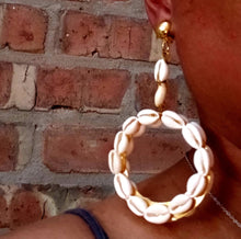 Load image into Gallery viewer, Handmade Hoop and Cowrie Shell Clip On Earrings very light