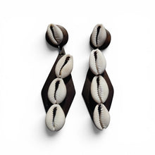 Load image into Gallery viewer, Handmade Clip On Wood and Cowrie Shell Earrings brown