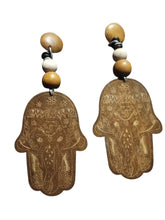 Load image into Gallery viewer, Natural Wood Boho festival Hamsa hand Clip On Dangle Earrings