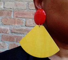 Load image into Gallery viewer, Handmade extra large Abstract Pop Art Acrylic and wood Statement Clip on Earrings