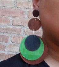 Load image into Gallery viewer, Extra Long 5 inch Handmade Wooden Disc Earrings multi color pierced ears