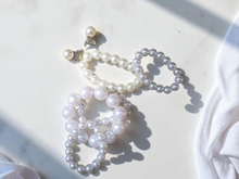 Load image into Gallery viewer, mixed media pearl bracelet set of 5 with matching clip on earrings