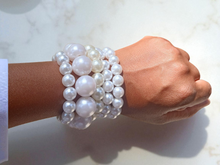 Load image into Gallery viewer, mixed media pearl bracelet set of 5 with matching clip on earrings