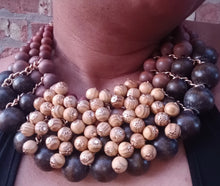 Load image into Gallery viewer, Avant Garde chunky wooden bead necklace and clip on earrings set