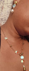 Handmade crystal bead Lariat Necklace and clip on earrings