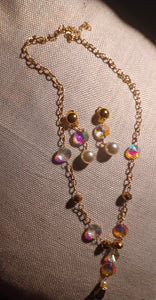 Handmade crystal bead Lariat Necklace and clip on earrings