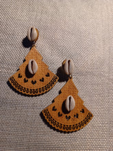 Load image into Gallery viewer, Handmade boho wood and cowrie earrings
