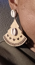 Load image into Gallery viewer, Handmade boho wood and cowrie earrings
