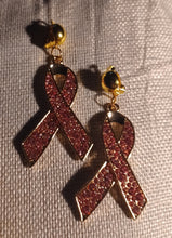 Load image into Gallery viewer, Rhinestone breast cancer awareness ribbon clip on earrings
