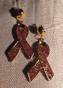 Rhinestone breast cancer awareness ribbon clip on earrings