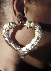 Large clip on bamboo heart earrings