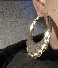 Load image into Gallery viewer, Rare large hammered bamboo hoop earrings
