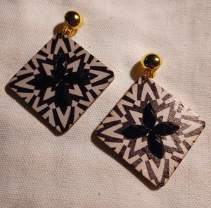 Abstract wood and rhinestone clip on earrings