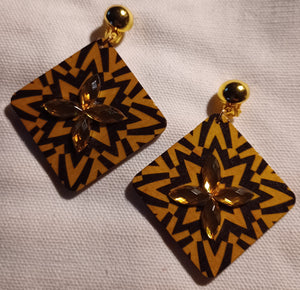 Abstract wood and rhinestone clip on earrings