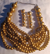 Load image into Gallery viewer, Handmade gold wood bead necklace set with clip on earrings
