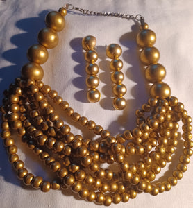 Handmade gold wood bead necklace set with clip on earrings