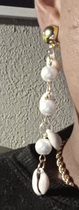 Faux pearl and cowrie shell dangle clip on earrings