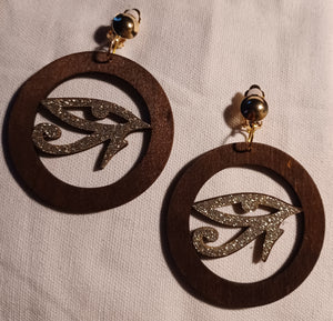 Clip on wooden eye of horus earrings