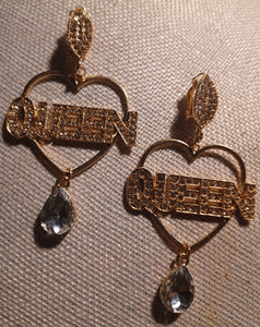 Handmade gold rhinestone Queen clip on earrings