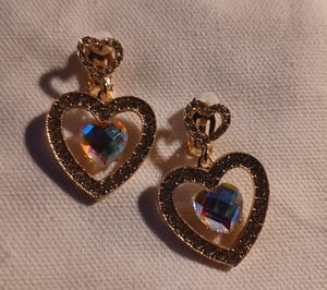 Clip on rhinestone heart dangle earrings