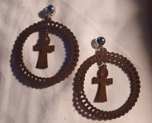 Load image into Gallery viewer, Handmade large wooden clip on ankh hoops
